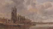 unknow artist A river landscape with flgures unloading boats before a church Germany oil painting art
